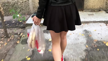 Juicy girl in a skirt walks from the store and gets fucked